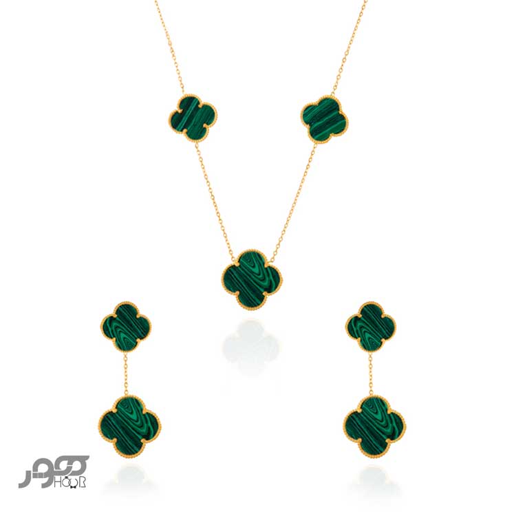 نیم ست طلا زنانه ونکلیف با سنگ سبز کد AXS217