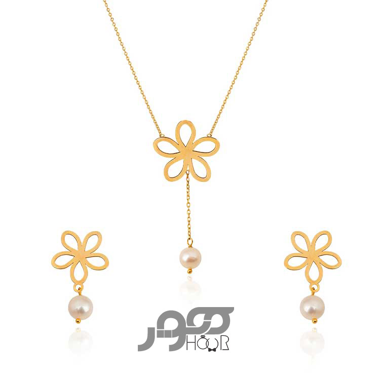 نیم ست طلا زنانه گل با مروارید کد AXS226