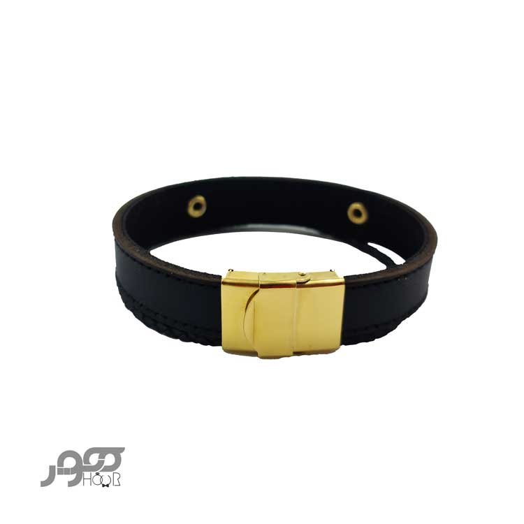 دستبند چرم مردانه با پلاک طلا طرح هندسی کد bmb114