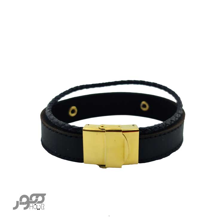 دستبند چرم مردانه با پلاک طلا طرح هندسی کد bmb114