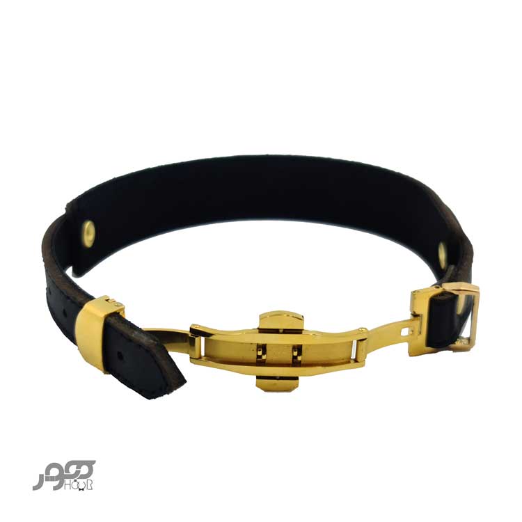 دستبند چرم مردانه با پلاک طلا طرح هندسی کد BMB115