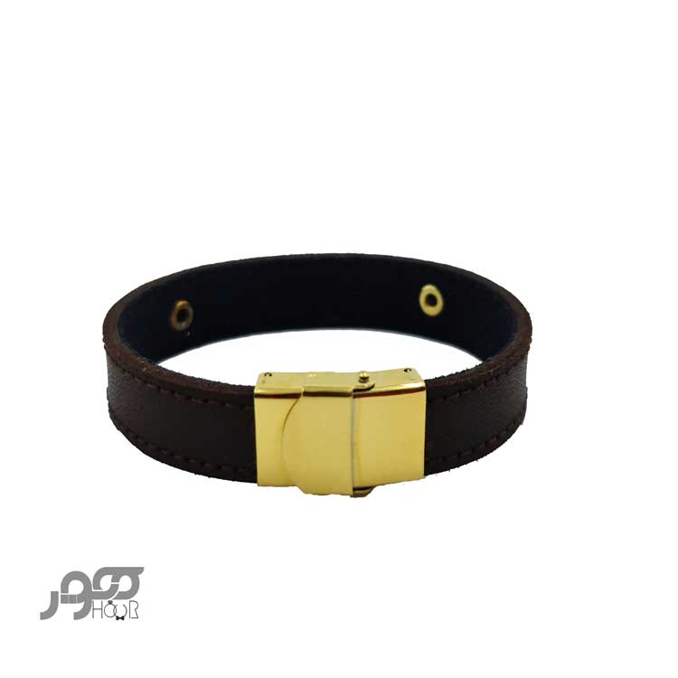 دستبند چرم مردانه با پلاک طلا طرح هندسی کد BMB117
