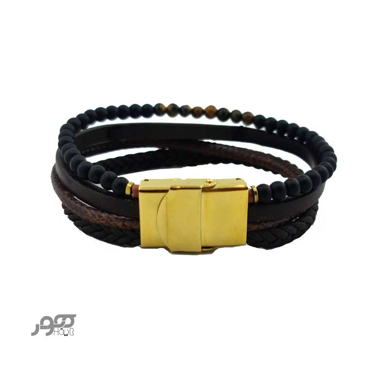دستبند چرم مردانه با پلاک طلا خطی کد BMB121