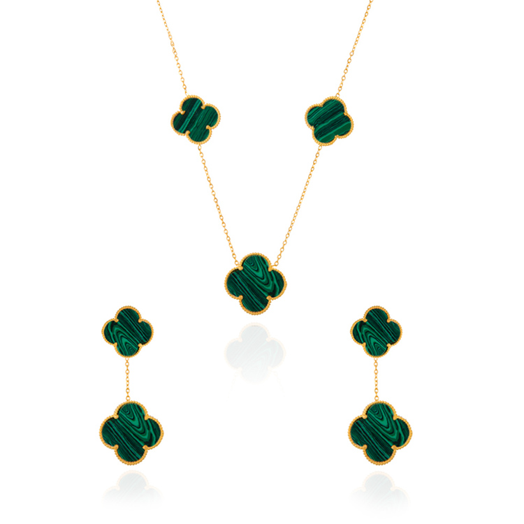 نیم ست طلا زنانه ونکلیف با سنگ سبز کد AXS217