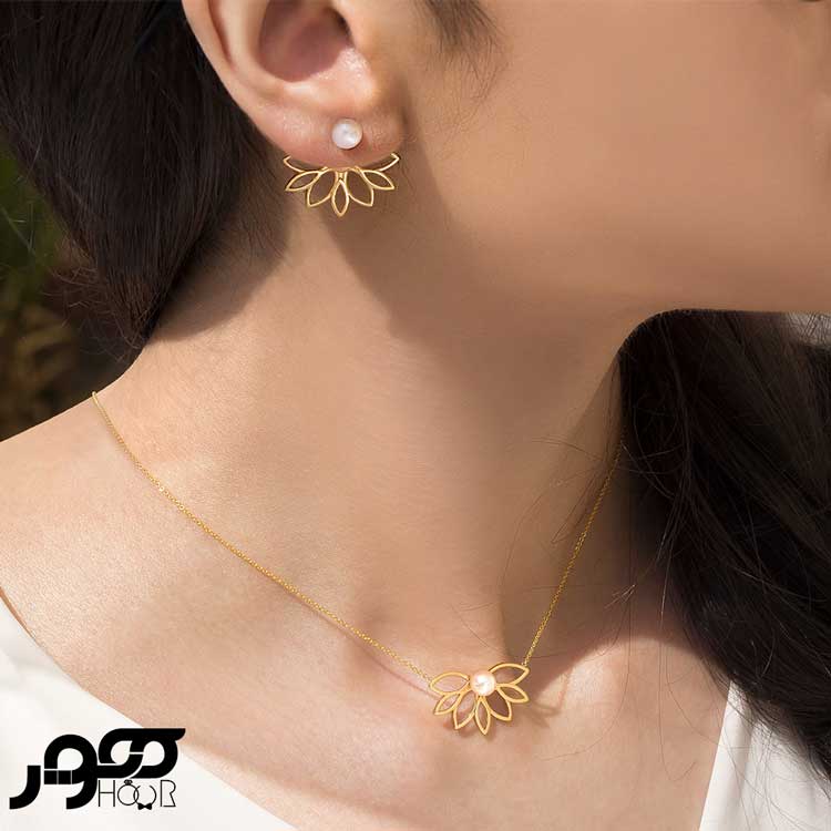 گوشواره طلا زنانه میخی دوطرفه لوتوس با مروارید کد AXE204