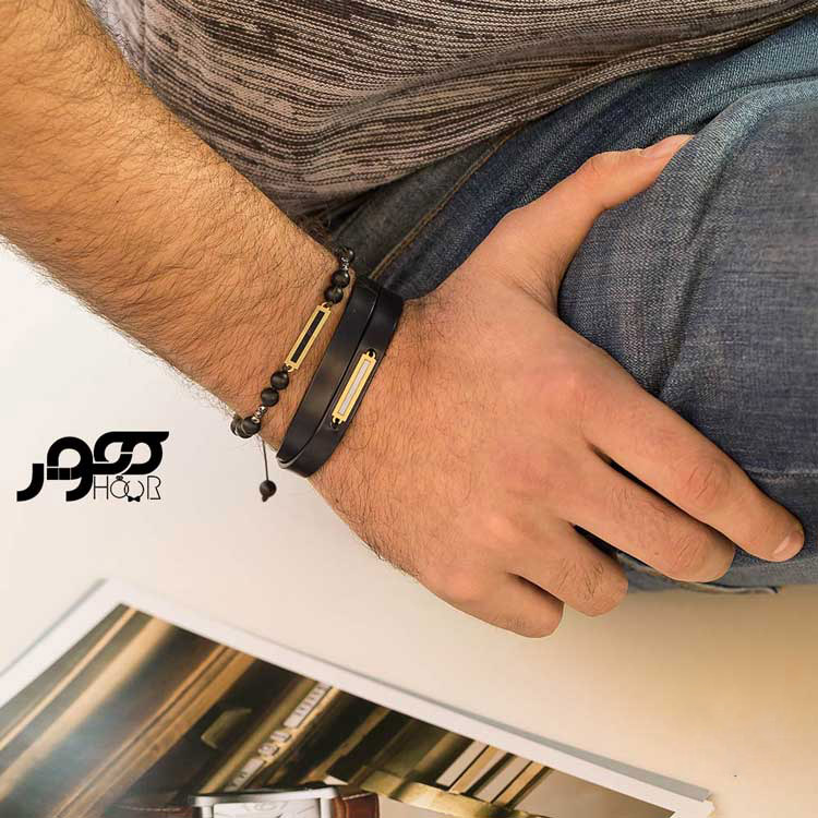 دستبند چرم مردانه با پلاک طلا مستطیلی کد AMB127