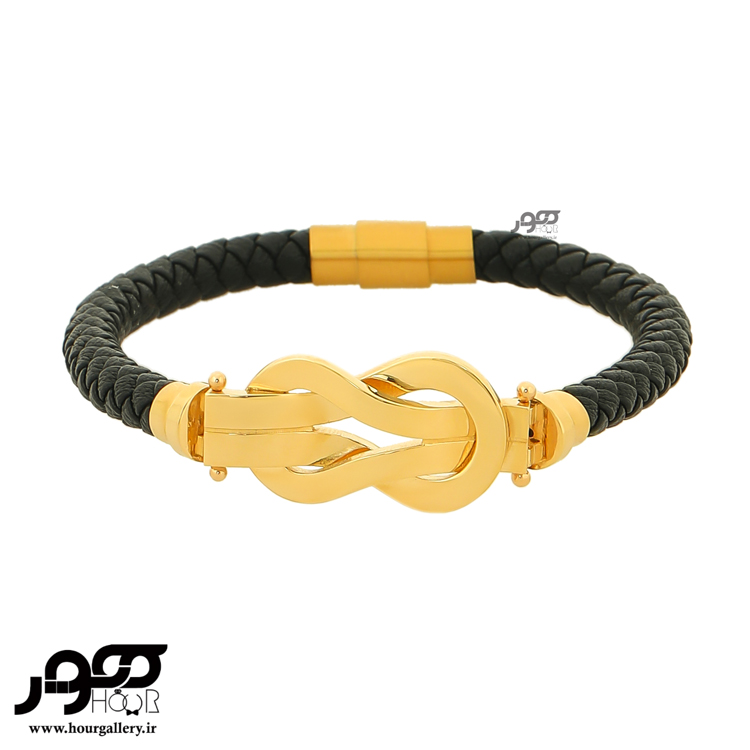 دستبند چرم با پلاک طلا طرح فرد متوسط کد AXB100